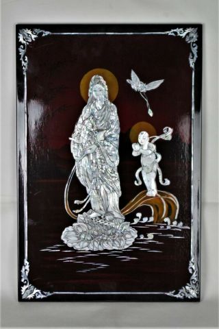 Large Chinese 20thc Lacquered Mother Of Pearl Guan Yin Wall Plaque