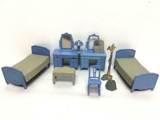 Vintage Tootsie Toy Dollhouse Miniature - Blue Bedroom Set