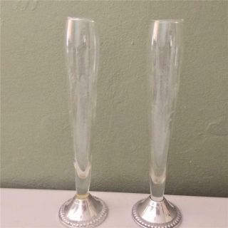 Vintage Duchin Creations Pair Etched Crystal With Sterling Silver Base Bud Vases