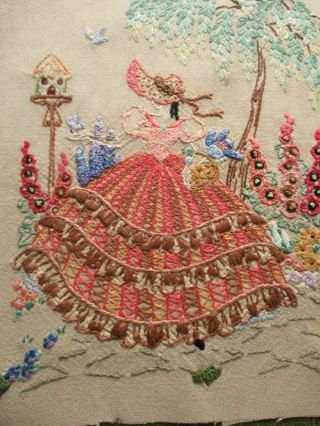 Vintage Picture Hand Embroidered Crinoline Lady & Flowers