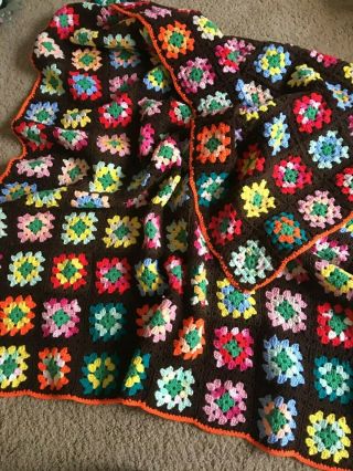Hand Made Crochet Granny Square Afghan Throw Blanket Brown Orange Multi 68 X 50