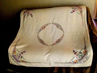 Vintage Tablecloth Hand Embroidered With Crinoline Ladies Size 49 X 49 White