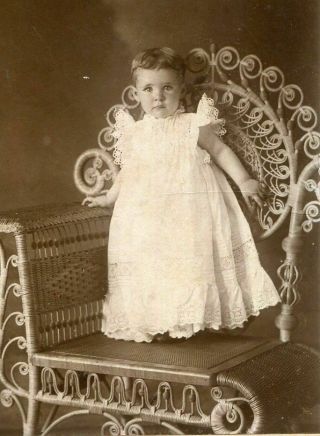 Antique Cabinet Photo Darling Little Girl Standing On Rattan Chair