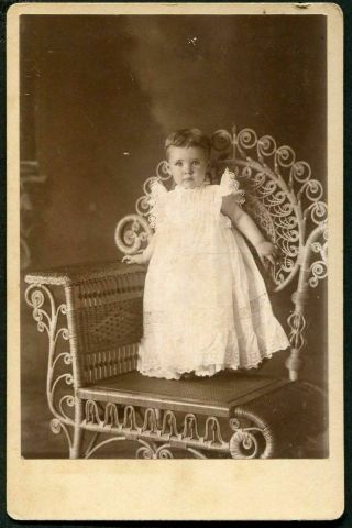 ANTIQUE CABINET PHOTO DARLING LITTLE GIRL standing on RATTAN CHAIR 2