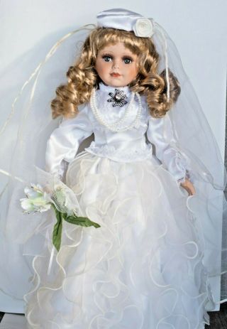 Vintage 18 " Porcelain Bride Doll Unique 1 - 5000 Curly Blonde Hair Great