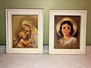 Vintage Set 2 Small Art Framed Prints Mother Mary Baby Jesus & Young Teen Jesus