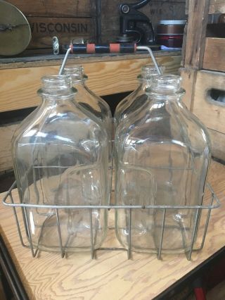 4 Vintage Glass Half Gallon Milk Bottles & Wire Milkman Carrier Dairy Antique