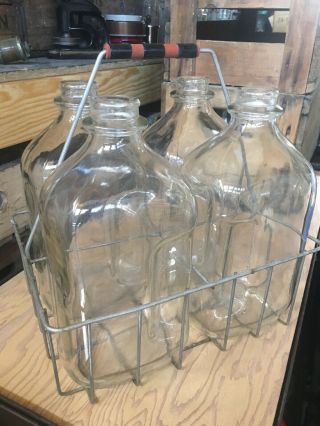 4 Vintage Glass Half Gallon Milk Bottles & Wire Milkman Carrier Dairy Antique 2