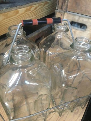 4 Vintage Glass Half Gallon Milk Bottles & Wire Milkman Carrier Dairy Antique 3