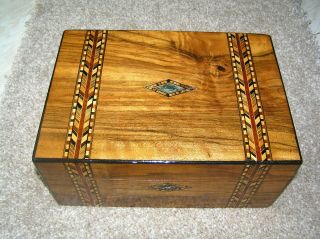 Antique Victorian Walnut Jewellery/trinket Box With Tunbridge Bands & Abalone.