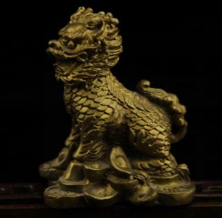 China Old Antique Hand Made Brass Kylin And Ingot Statue Nr A01