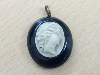 Antique Whitby Jet & Angel Skin Cameo Pendant 1880