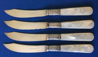 4 Antique Fruit Knives Mother Of Pearl Handles Sterling Bands Silverplate Blades