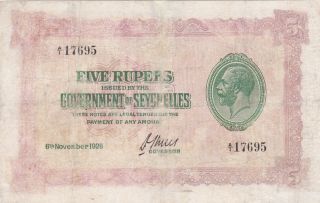 5 Rupees Vg Banknote From British Colony Of Seychelles 1928 Pick - 3 Very Rare