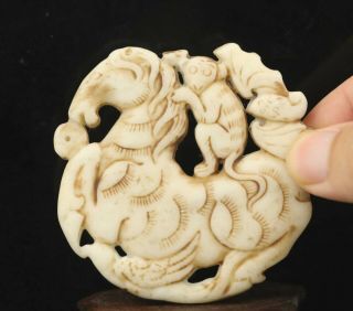 Chinese Old Natural Jade Hand - Carved Monkey Horse Pendant 2.  7 Inch