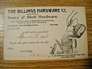 Rare Antique 1895 Billings Hardware Co Superior Wis Advertising Card Mill Mining