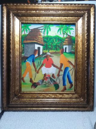 Outstanding Vintage Haitian Folk Art Oil Painting,  Frame Not