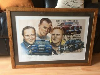 Rare David Burk Rally Print Signed By Drivers Framed Burns Makinen Carlsson