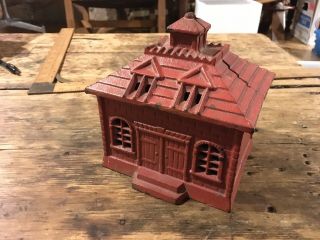 Antique Cast Iron Still Penny Bank: Double Door Cupola House Building