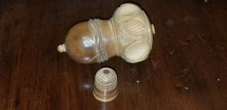 Antique Vegetable Ivory Carved Acorn Sewing Thimble Holder Case With Thimble