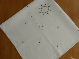 Vintage White Cotton Embroidered Tablecloth With Lace Inserts