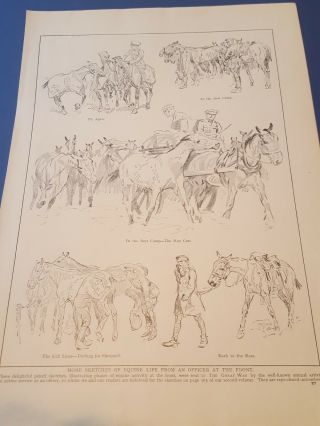 Wwi Antique Print Trench Art - Sketches Of Officers And Horses At The Front