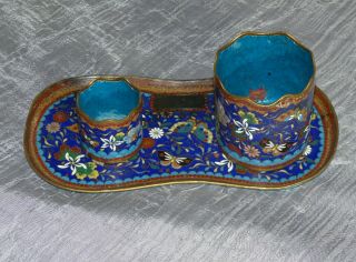 Colorful Old Japanese Cloisonne Desk Set With Butterflies