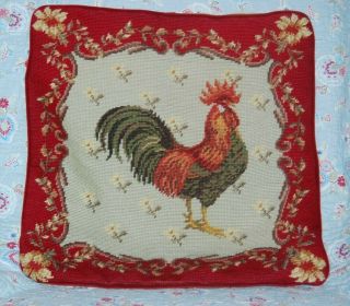 Rooster Vintage Handmade Needlepoint 17” Throw Pillow Cover