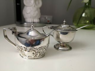 Silver Plate Mustard Pots With Spoons And Liners