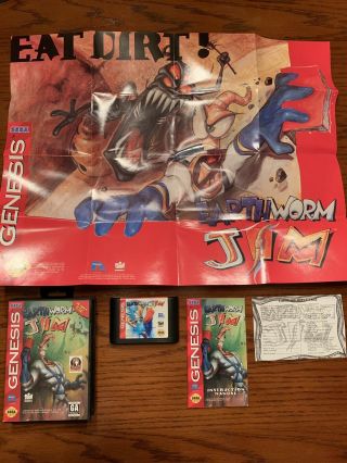 Rare Earthworm Jim 1 Sega Genesis With Poster.  Complete Cib.