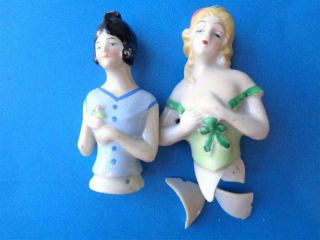 2 Antique Porcelain Pin Cushion Half Dolls Made In Germany Flower In Hair