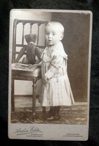 Fab Cdv Photo Blond Baby Boy Picture Book Steiff ? Antique German Teddy Bear Toy