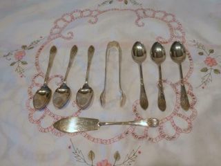 Set Vintage Art Deco Epns Silver Plated Tea Spoons,  Sugar Tongs,  Butter Spreader