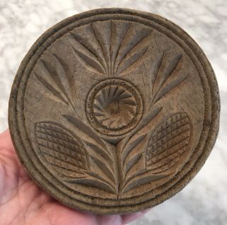 Antique Hand Carved Thistle Flower Butter Stamp Butter Print Wood Mold Press