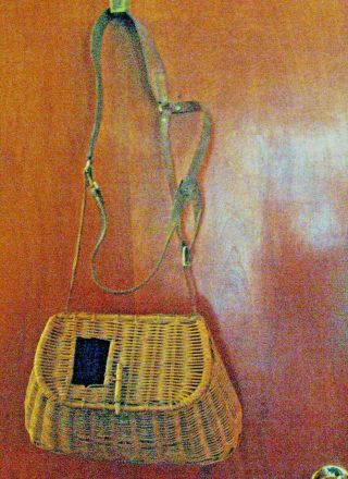 Antique Woven Split Willow Wicker Creel Fishing Basket With Leather Straps
