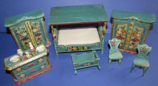 Vintage Painted Dollhouse Furniture Bed Cabinets Cradle Chairs Dishes