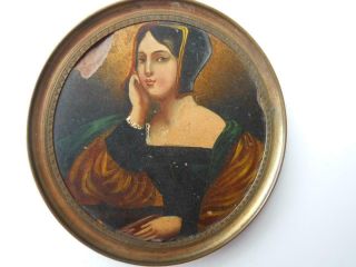 Lovely Antique 19th Century Portrait Miniature Painting Of Lady Anne Boleyn