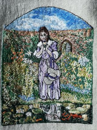 Vintage Embroidered Crinoline Lady Panel Flowers Lilies Pond Walled Garden