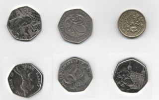 Collectors Rare 50p (fifty Pence) Coins (x 5) & One Old Type Round £1 Coin
