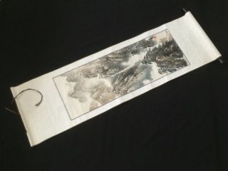 Hand Painted Chinese Scroll Depicting Snow,  Mountains & Trees.