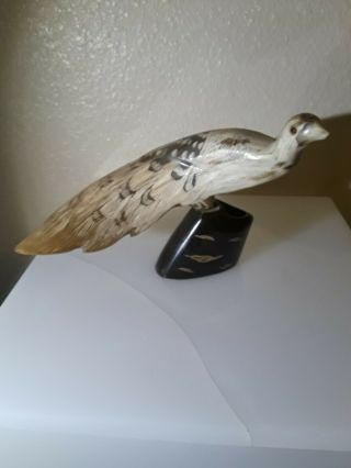 Vintage Bone Horn Sculpture Pheasant Bird Statue Figure Carved Glass Eyes