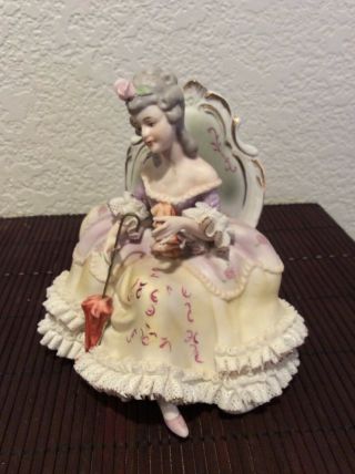 Exceptional German Dresden Lace Figurine Lady In Chair With Umbrella