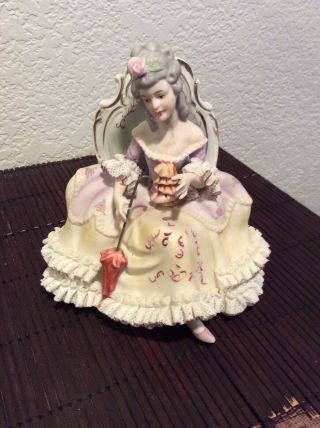 EXCEPTIONAL German Dresden Lace Figurine Lady in Chair With Umbrella 2