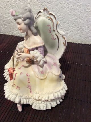 EXCEPTIONAL German Dresden Lace Figurine Lady in Chair With Umbrella 3