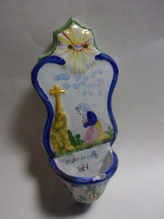 An Antique Quimper Faience Wall Pocket,  Holy Water Font.