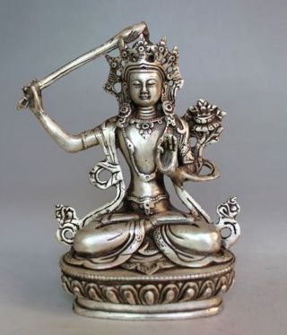 Old Tibet Buddhism Silver Copper Manjushri Bodhisattva Buddha Statue
