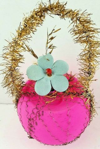Antique Victorian German Christmas Tree Ornament Tinsel & Pink Flower Basket