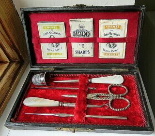 Antique Sewing Kit,  Scissors,  Thimble,  Stiletto,  Button,  Crochet Hook,  Needles Etc