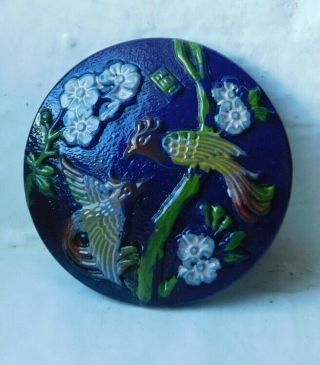 Vintage Collectible Czech Black Glass Hand Painted Button Birds Of Paradise