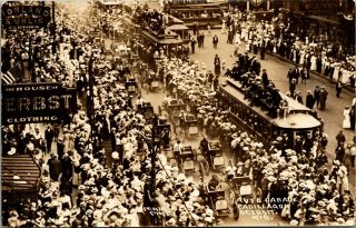 Rppc Early Antique Auto Dtroit Parade People On Street Car Trolly Roof 609
